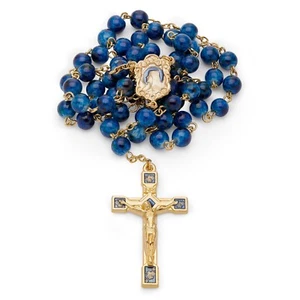 Golden Rosary Blue Glass Beads Catholic Prayer Necklace from Vatican Francis - Picture 1 of 11