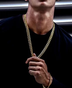 Mens 18k Gold filled Curb Cuban Chain Necklace Bracelet Sets Heavy Links Boys - Picture 1 of 36