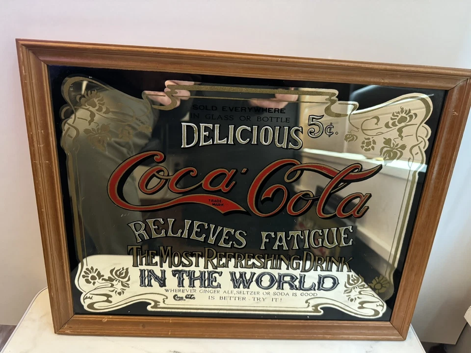 Vintage Coca-Cola Mirror Sign Framed | “Delicious 5¢ Relieves Fatigue” | Classic - Image 1 of 4