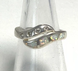 AK Sterling Silver 925 Diamond & Fire Opal Ring Size 5.75 IH57 - Picture 1 of 9