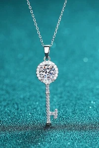 Moissanite Key Pendant Necklace 925 Sterling Silver Jewelry - Picture 1 of 8