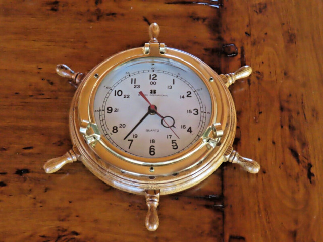 Vintage 1980s Quartz Nautical Porthole Hanging Clock. Wood And Brass
