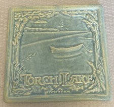 TORCH LAKE MICHIGAN Whistling Frog Tile Company Art Pottery 6" Souvenir Canoe 