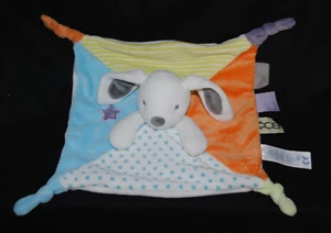 🐰 Doudou plat lapin OBAIBI OKAIDI bleu orange vert rayé blanc étoiles NEUF - Picture 1 of 1