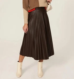Hugo Boss Brown Faux Leather Pleated Midi Skirt Size 4 US - Picture 1 of 14