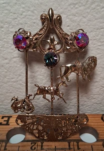 Vintage Gold Tone Brass Merry Go Round Horses AB Crystal Pin Brooch Circus - Picture 1 of 4