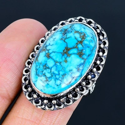 Anillo Hecho a Mano Turquesa Tibetana Chapado en Plata 925 de EE. UU. Talla 8 Foto 1 de 3