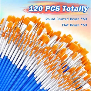 Small Paint Brushes Bulk 120 Pcs - Flat & round Tip for Acrylic Watercolor - Picture 1 of 12
