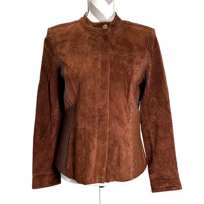 Chaqueta de moto Isaac Mizrahi Live marrón gamuza acolchada ribete de cuero para mujer talla 6 Foto 1 de 4