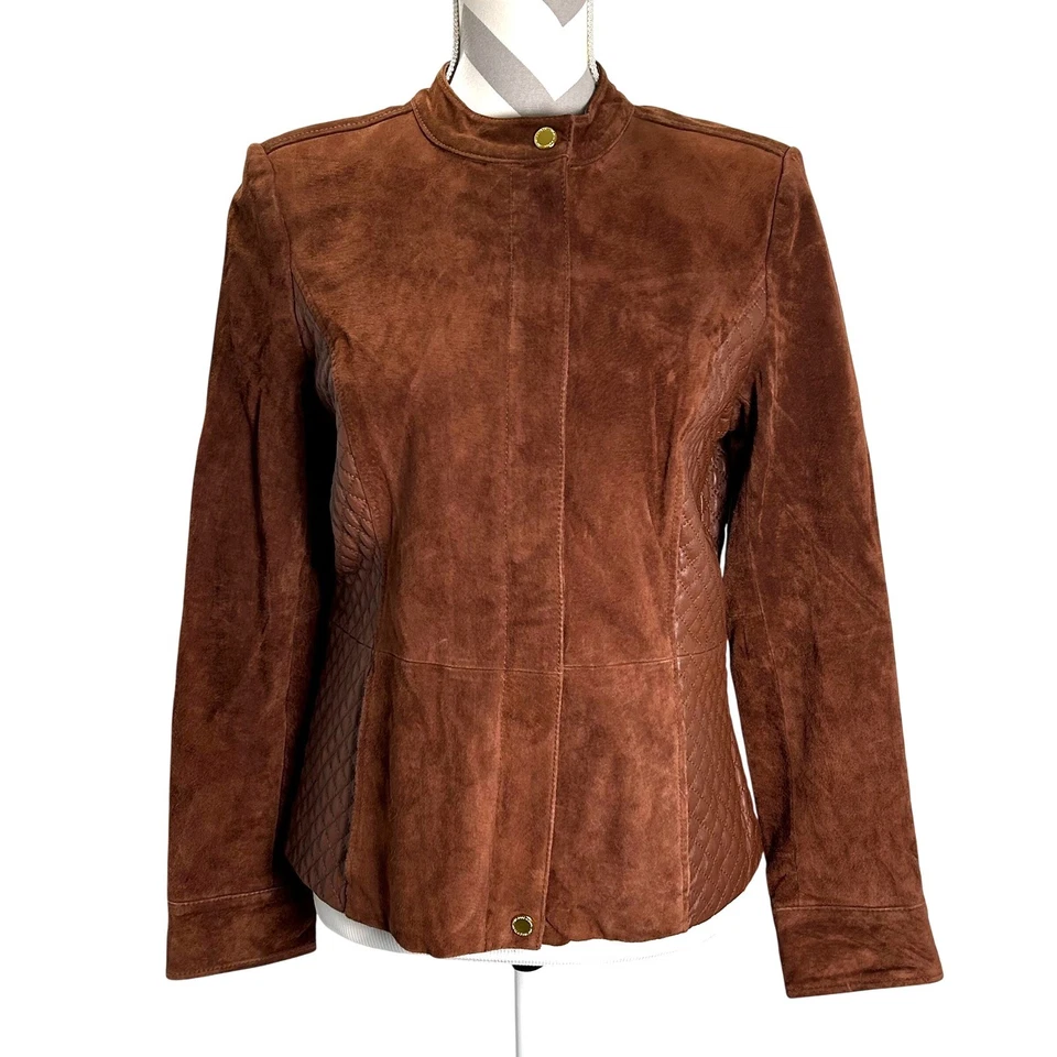 Chaqueta de moto Isaac Mizrahi Live marrón gamuza acolchada ribete de cuero para mujer talla 6 Foto 1 de 4