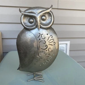 Owl Silver Metal Candle Holder Tealight Candleholder Standing Textured Metal - Picture 1 of 8