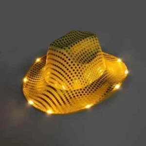 YELLOW SEQUIN Light Up LED Flashing Cowboy Hat with SEQUINs WHITE LEDS, Cowgirl - Picture 1 of 5