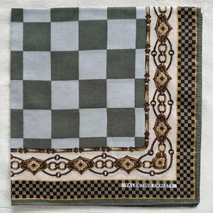 Vintage Handkerchief Cotton Green Check Border Chain Knot Brown Pocket Square 17 - Picture 1 of 3