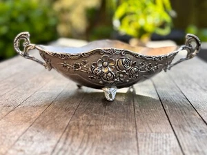 Vintage Silver Plated Bowl Boat Shape Floral Decor - Picture 1 of 15