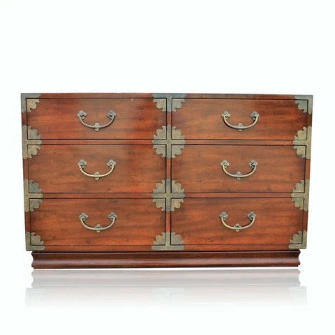 Rare Henredon Mont Pan Asian Campaign Double 6 Drawer Dresser Chinoiserie Brass Cover