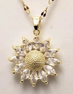 NEW BEAUTIFUL GOLD STAINLESS STEEL CLEAR RHINESTONE DAISY FLOWER NECKLACE 16-18" - Picture 1 of 8