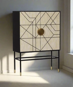 Eleganter handgefertigter Schrank mit Knochenintarsien - Abstraktes Design mit Goldakzenten | Künstler - Bild 1 von 7