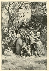 Rey del folclore francés Yvetot, feliz realeza divertida, impresión artística vintage en blanco y negro de 1892 - Imagen 1 de 4