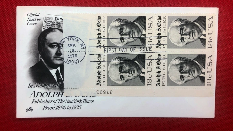 1976 Art Craft FDC 1700 Plate Block Adolph Ochs - Publisher- N.Y. Times ZAYIX - Image 1 of 1