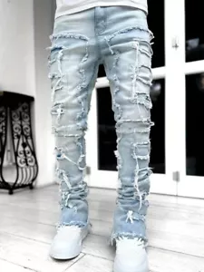 Men Male Creative Tassels Decoration Straight Jeans Street Denim Pants Casual - Picture 1 of 21
