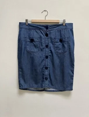 Jaeger Denim Skirt Size UK 14 Blue Chambray Button Up Cotton Pockets Holiday - Image 1 of 4