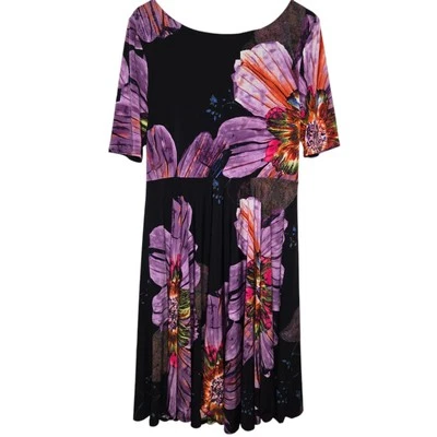 Marc Bouwer Anthropologie Black Purple Floral Fit Flare Midi Dress Size Large - Image 1 of 4