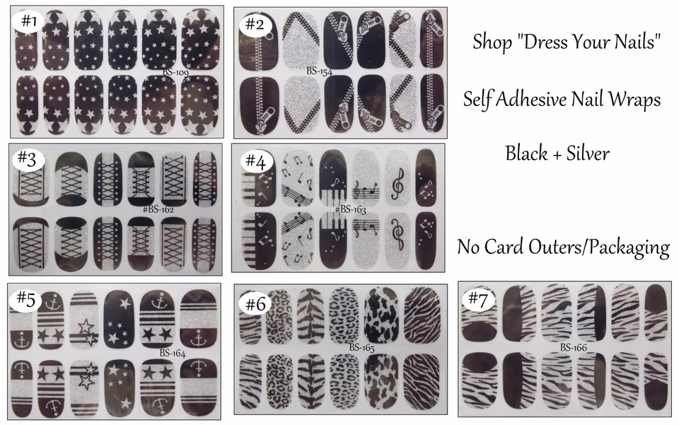 DRESS YOUR NAILS FULL COVER WRAPS Nail Foil Wraps Full Cover Thin DIY Stickers Glitter Black/Silver Animal Music +