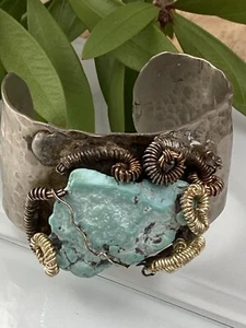 Vintage Natural Raw Turquoise Nugget Hammered Cuff 6.25" Adjustable Bracelet - Picture 1 of 18