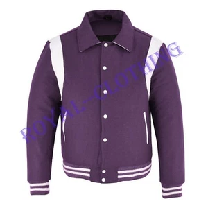 Chaqueta Retro Bombardero University Letterman Lana Púrpura Blanca Cuero Genuino Rayas - Imagen 1 de 5
