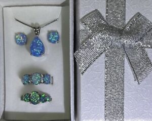 Elegant Ocean Blue Fire Opal Teardrop Necklace, Earrings, & 2 Rings Sz 6 & 7 Set