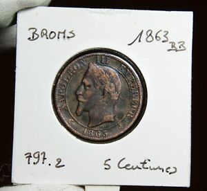 5 Centimes 1863 BB Strasbourg France Napoleon III Old Coin by Barre Scarcer Date