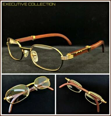 Men Sophisticated CLASSY ELEGANT Clear Lens EYE GLASSES Gold & Wood Wooden Frame - Image 1 of 4