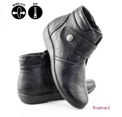Womens Ladies Extra Wide Fit Flat Heel Work Walking Zip Ankle Boots Shoes Size