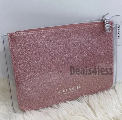 COACH POUCH BAG DREAM PINK GLITTER SPARKLE MAKEUP TOILETRY COSMETIC CASE CLEAR - Image 1 of 4