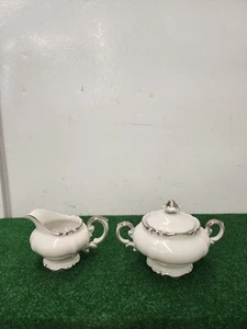 CROWN JEWEL CHINA ELEGANCE SCROLL RIM PLATINUM TRIM FOOTED Sugar Bowl & Milk - Picture 1 of 16