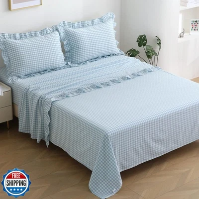 Sábanas de guinga K MASANIJI azul claro blanco a cuadros con volantes talla king Foto 1 de 4