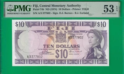 Fiji 10 dollars ND(1974), P74b, a presentable example graded by PMG AU *53* EPQ! - Image 1 of 2