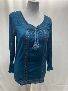 Vintage America Jeans Women’s Size Small Turquoise Smocked Neck Tassels LS Top - Picture 1 of 11