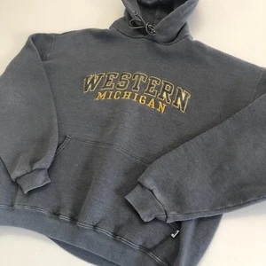 vtg Western Michigan Embroidered Hoodie Sweatshirt Sz L Gray Russell Broncos - Picture 1 of 22