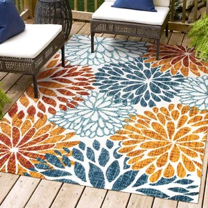 AMC108A-3 Crisantemo Floral Indoor Outdoor Area Rug Bohemian Floral Easy Clea... - Picture 1 of 11