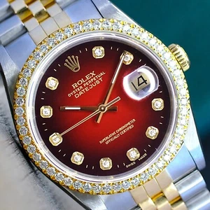 Rolex Men's Datejust Watch Gold & Steel Red Diamond Dial Diamond Bezel 36mm - Picture 1 of 10