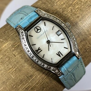 Mercedes Benz Women MOP Diamond Bezel Date Blue Leather Strap Quartz Watch 7" - Picture 1 of 13