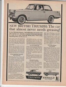 Anuncio original de la revista British Triumph Herald 1960... Casi nunca necesita engrase - Imagen 1 de 1