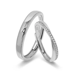 Matching Promise Rings Set - Sterling Silver Couple Bands with Adjustable Sizes - Picture 1 of 11