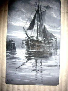 Oilpainting boat sailor marine sea Maritime ship Gouache harbor painting port - Picture 1 of 8