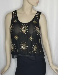Topshop Black Sheer Floral Beaded Sleeves Top Size 10 - Picture 1 of 4