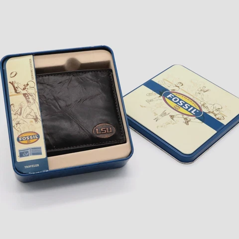 LSU Tigers Fossil Traveler Leather Men's Bi-fold Wallet New in Tin - dark brown Cover