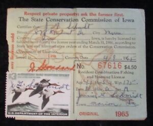RW32 - 1965 Federal Duck Stamp on Iowa  Hunting License