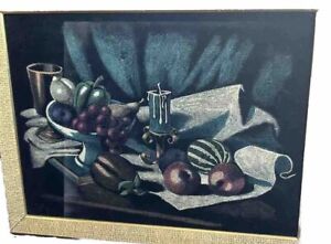 Black Velvet Painting Vintage Fruit Candle Wine Goblet 16x12 No Frame Grapes