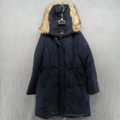 Sam Edelman Coat Womens Medium Navy Blue Mid Length Down Parka Jacket Fur Hood - Изображение 1 из 4